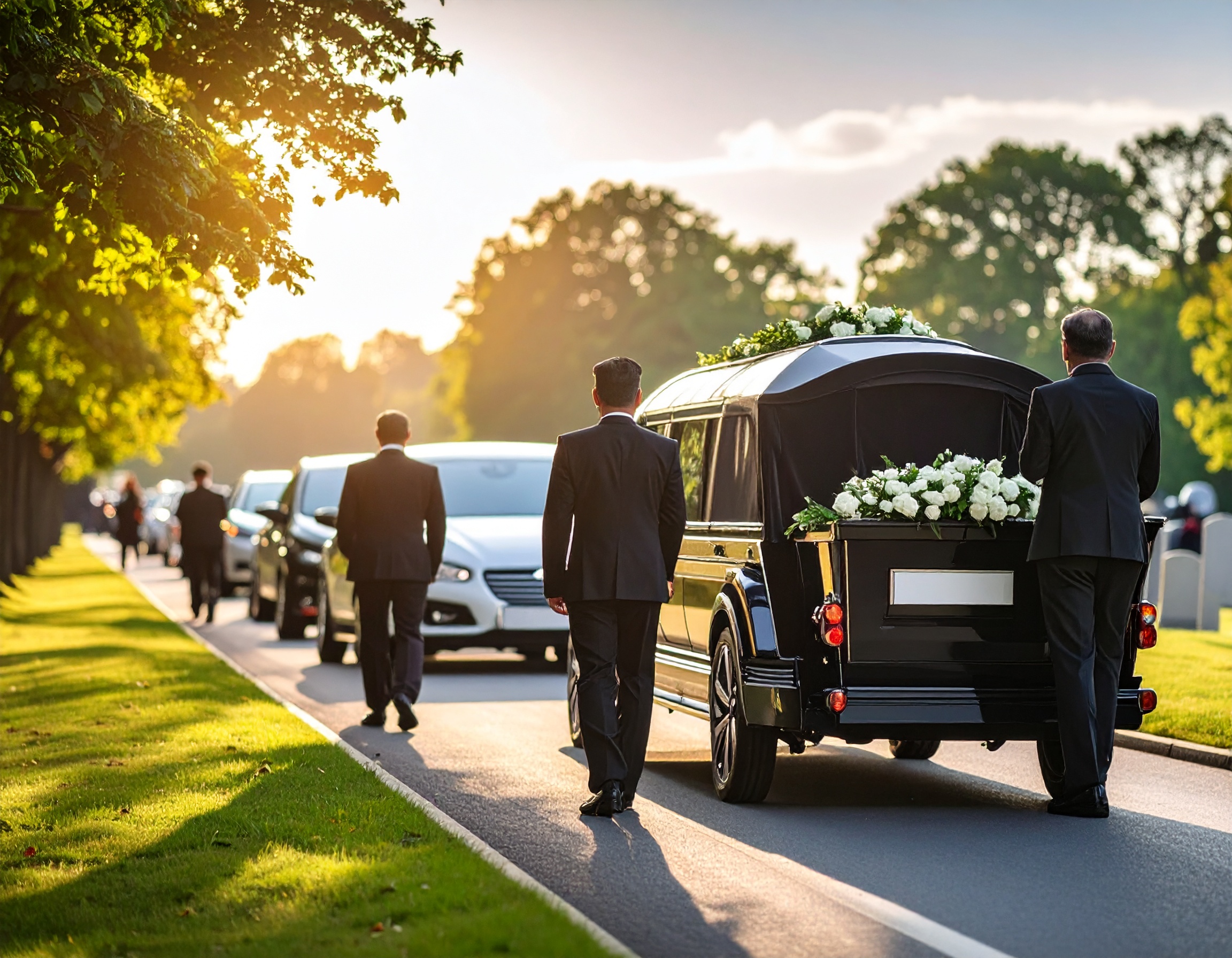 Firefly_multiple vehicles driving to the cemetery with the funeral coach leading the way with 646528