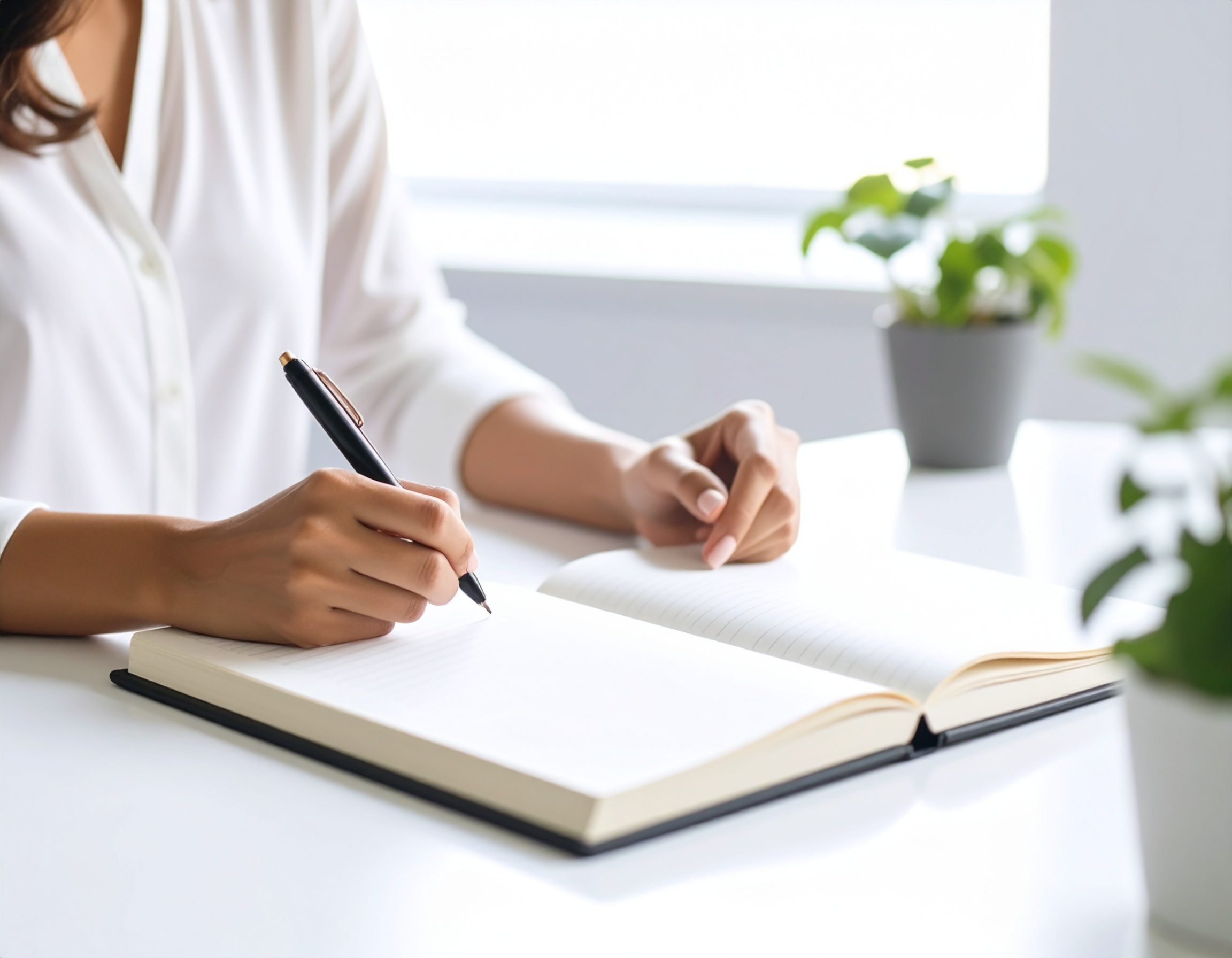 Firefly_a body of the person with no head sitting down writing in an agenda facing the desk f 126